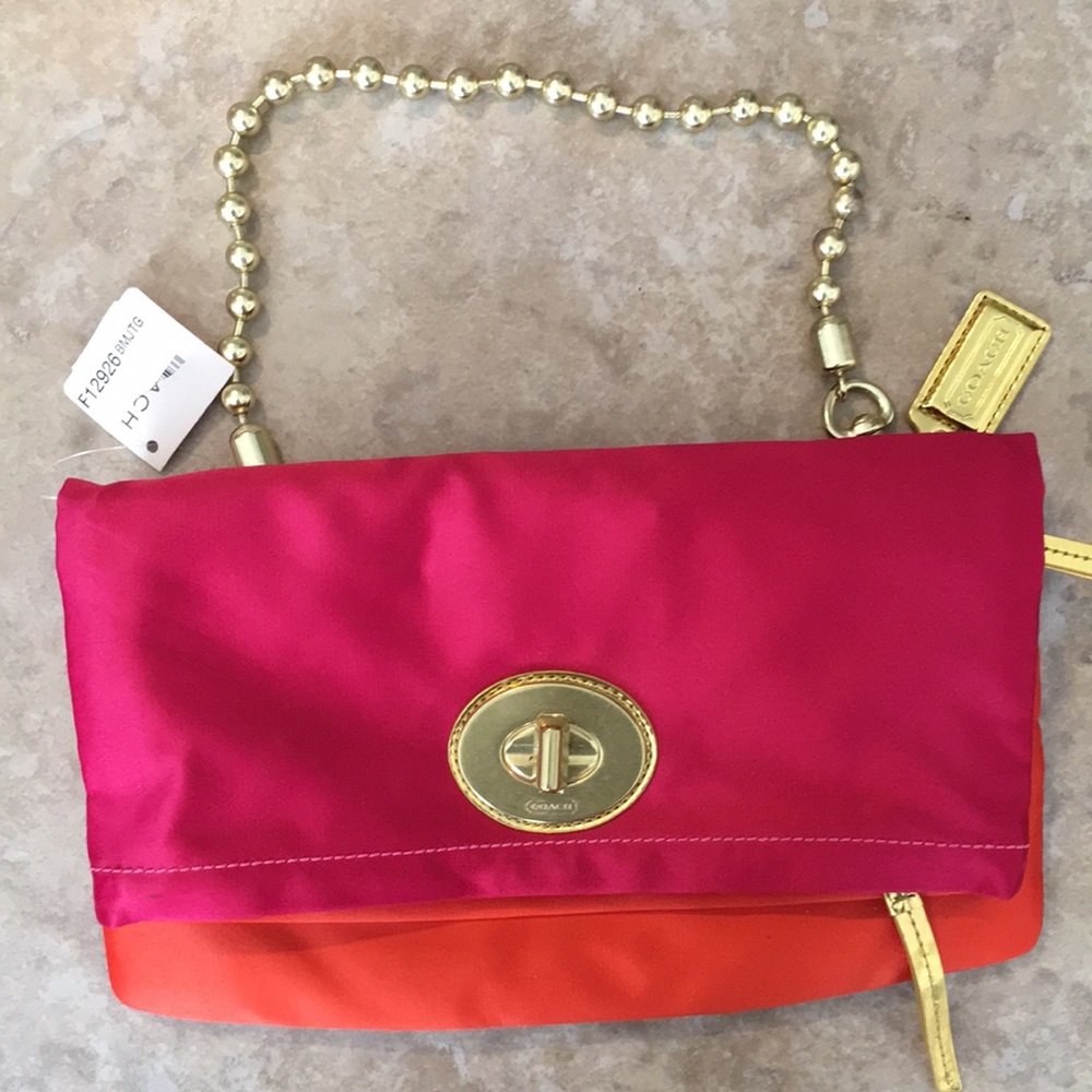 COACH Kiss Lock Satin Fold Over Pink and Orange turn lock Bag satin